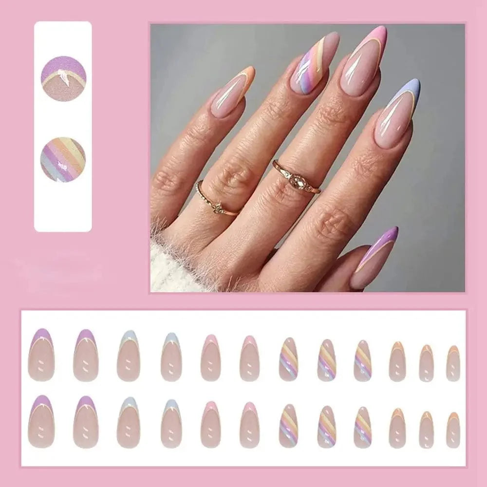 Purple floral almond press-on nails by Showlu Fashion Store, 24-piece acrylic tips with elegant design and detachable features.