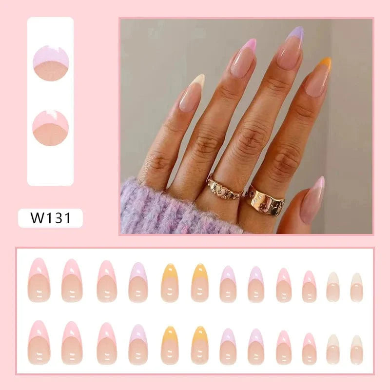 Showlu Purple Floral Almond Press-On Nails, 24-piece set with detachable acrylic tips, featuring floral design for elegant manicures.