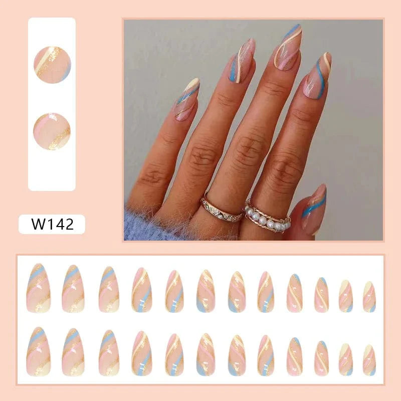 Showlu Purple Floral Almond Press-On Nails, 24-piece set with detachable acrylic tips and floral design for a stylish manicure.