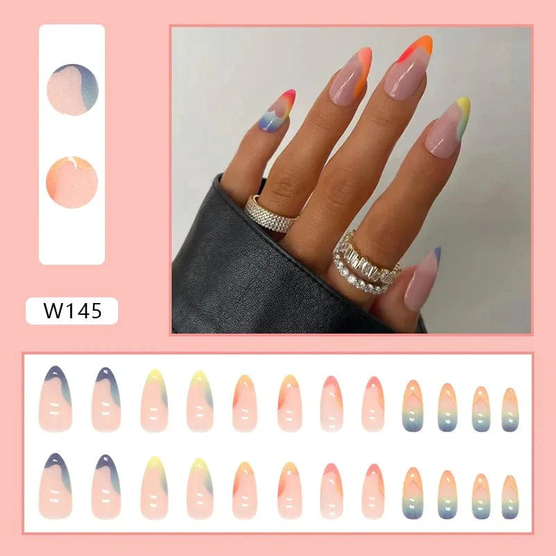 Showlu Purple Floral Almond Press-On Nails with detachable acrylic tips, featuring a floral design for a stylish manicure.