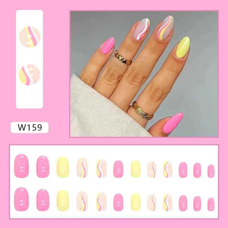 Purple floral almond press-on nails by Showlu Fashion Store, 24-piece box with detachable acrylic tips and decorative nail art.