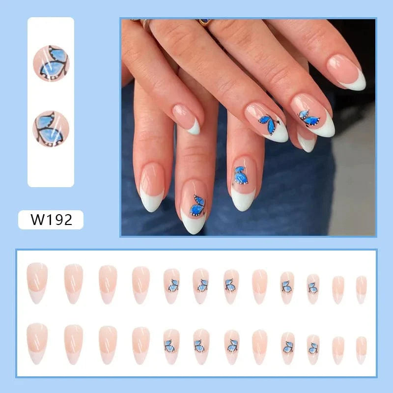 Showlu Purple Floral Almond Press-On Nails, 24-piece acrylic tips with floral design, Ballerina shape, detachable false nails for manicures.