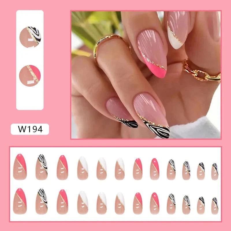 Showlu Purple Floral Almond Press-On Nails, 24-piece set with detachable acrylic tips, featuring floral design and ballerina shape.