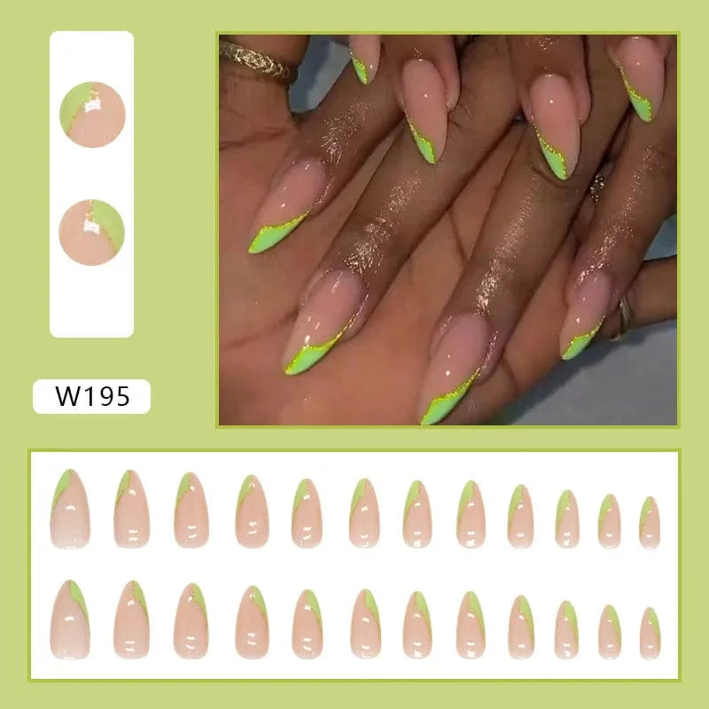 Showlu Purple Floral Almond Press-On Nails with 24 detachable acrylic tips, featuring floral design on elegant almond-shaped false nails.