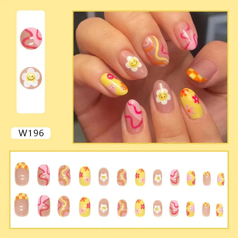 Purple floral almond press-on nails by Showlu Fashion, 24-piece set with decorative acrylic tips for easy, stylish manicures.