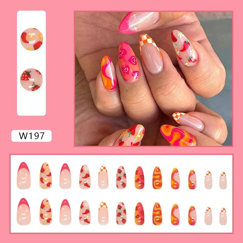 Showlu Purple Floral Almond Press-On Nails, 24-piece set with detachable acrylic tips featuring floral design and ballerina shape.