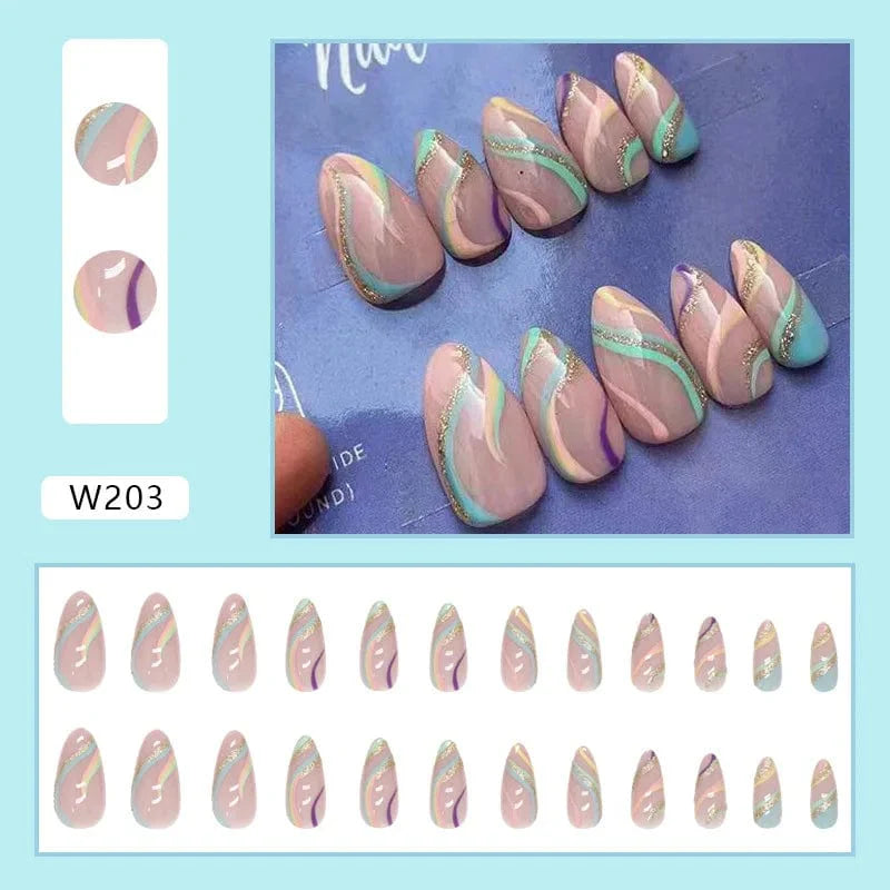 Purple floral almond-shaped press-on nails by Showlu Fashion Store, 24-piece set with detachable acrylic tips for a stylish manicure.