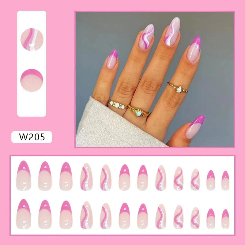 Showlu Purple Floral Almond Press-On Nails with 24-piece set, featuring detachable acrylic tips and floral design for stylish manicures.