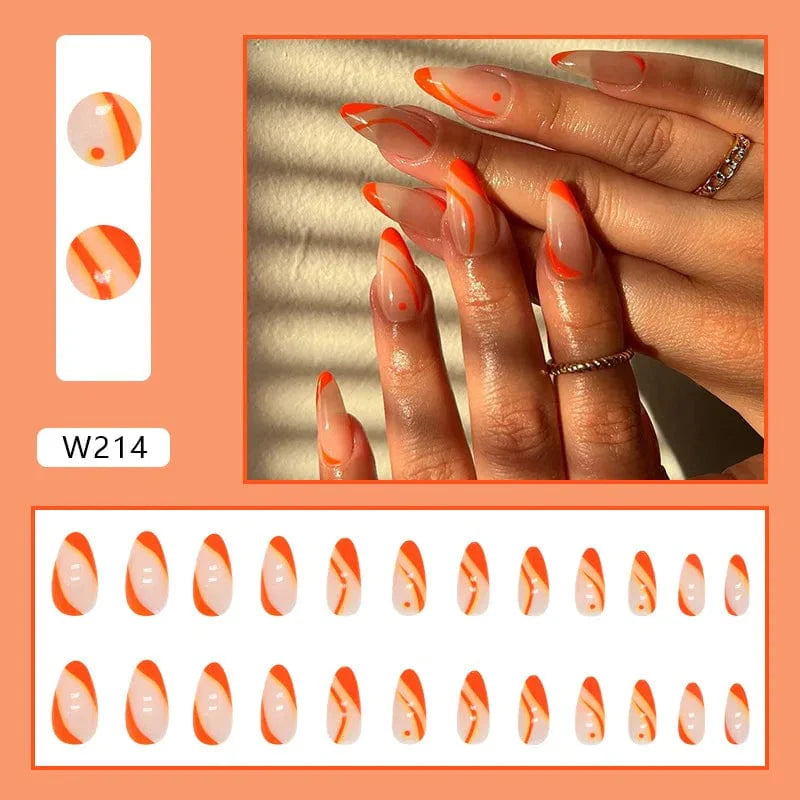 Purple floral almond press-on nails by Showlu Fashion Store, 24-piece set with detachable acrylic tips and floral design.