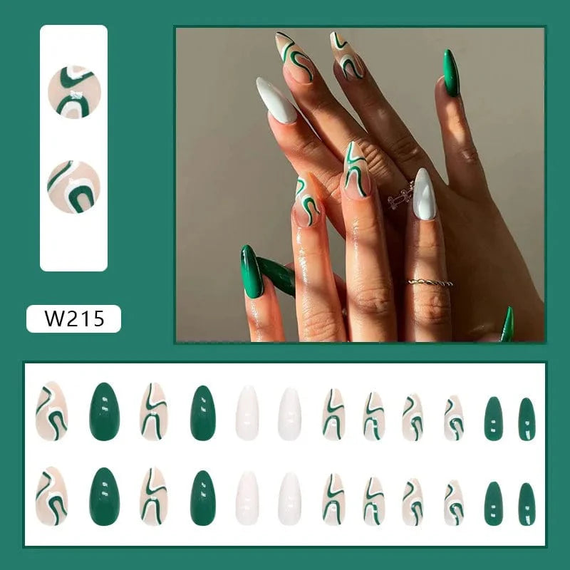 Showlu Purple Floral Almond Press-On Nails with 24-piece acrylic tips, featuring floral designs and detachable, medium-length ballerina style.