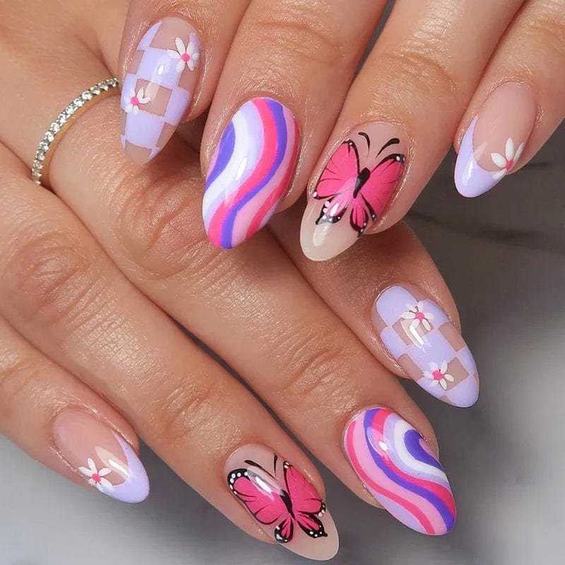 Light green stripe gradient press on nails by Showlu Fashion, 24-piece long coffin acrylic tips with stylish designs, worn on fingers.