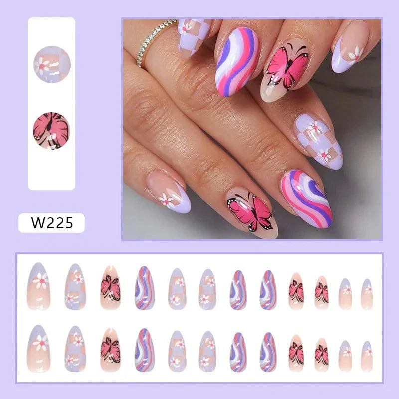 Showlu Purple Floral Almond Press-On Nails with 24 detachable acrylic tips, featuring floral design and elegant ballerina shape.
