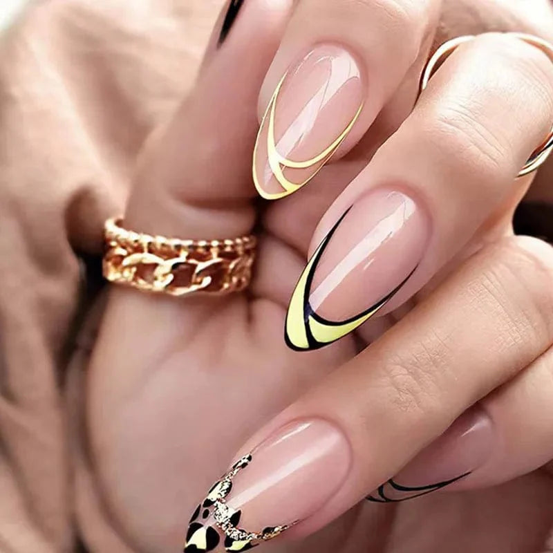 Light green striped press-on nails with gradient design, long coffin shape, 24-piece set by Showlu Fashion Store.
