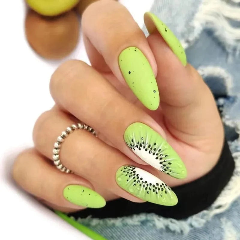Light green stripe press on nails by Showlu Fashion Store, long coffin acrylic tips with gradient design, 24-piece set.