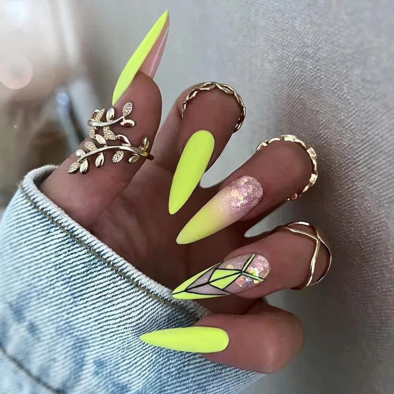Light green striped press-on nails by Showlu Fashion Store, long coffin acrylic tips with gradient design, worn on natural nails.