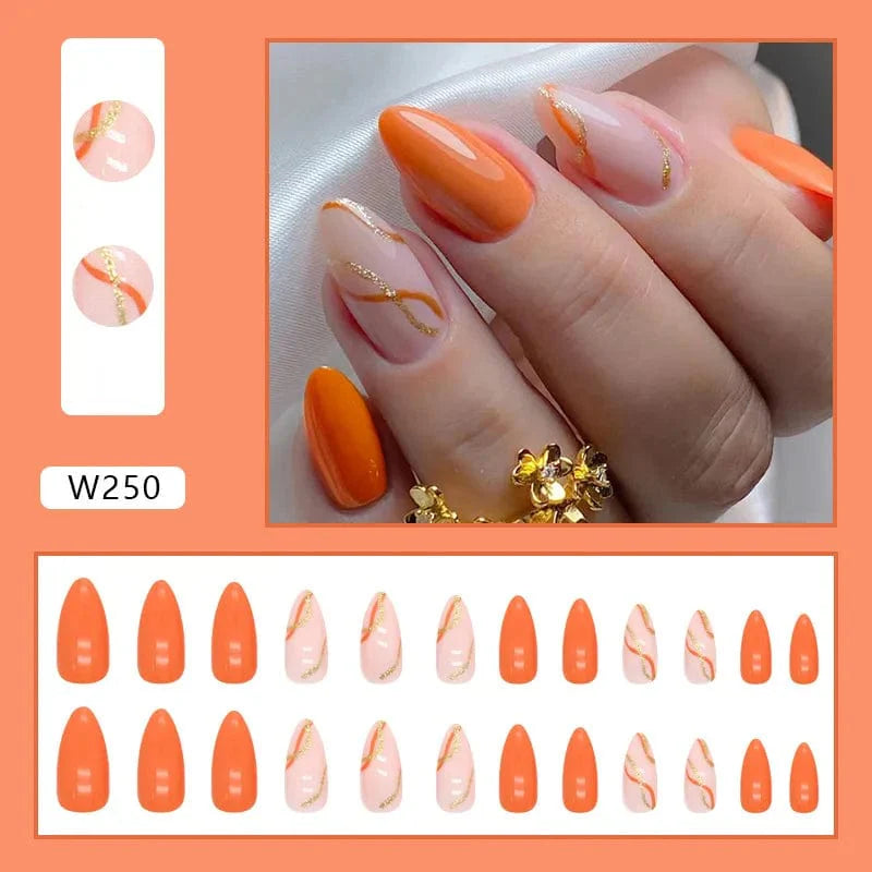 Purple floral almond press-on nails by Showlu Fashion Store, 24-piece set with detachable acrylic tips and decorative nail art.