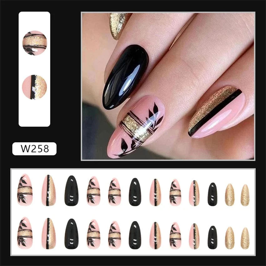 Purple floral almond press-on nails by Showlu Fashion Store, 24-piece set with detachable acrylic tips and elegant nail design.