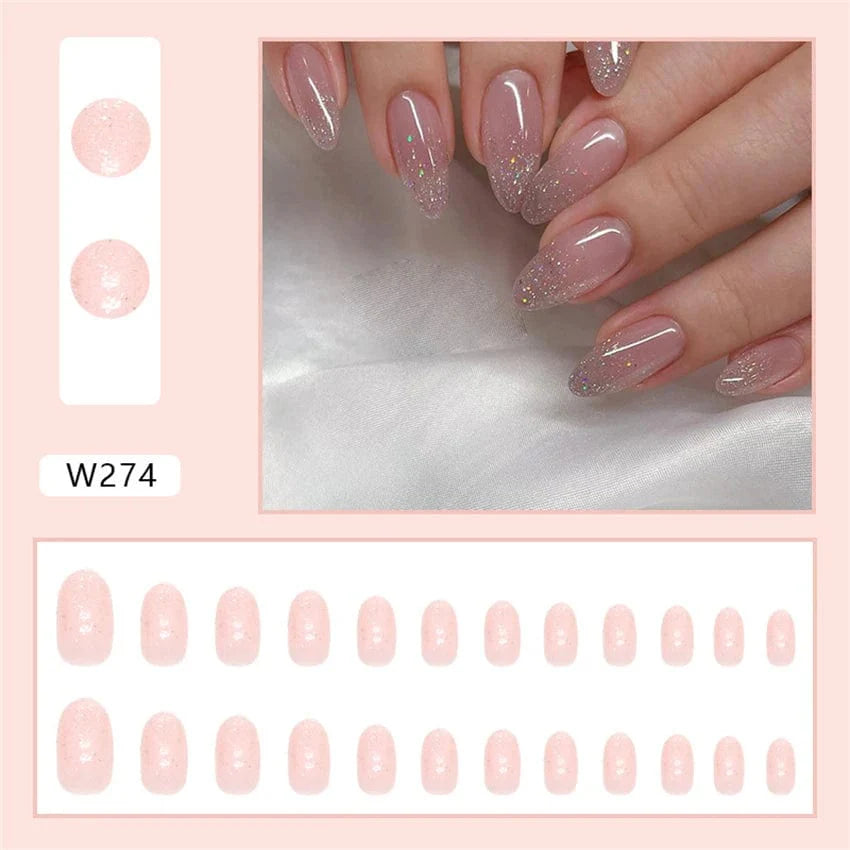 Showlu Purple Floral Almond Press-On Nails, 24-piece acrylic tips with floral design, ideal for easy, stylish manicures.