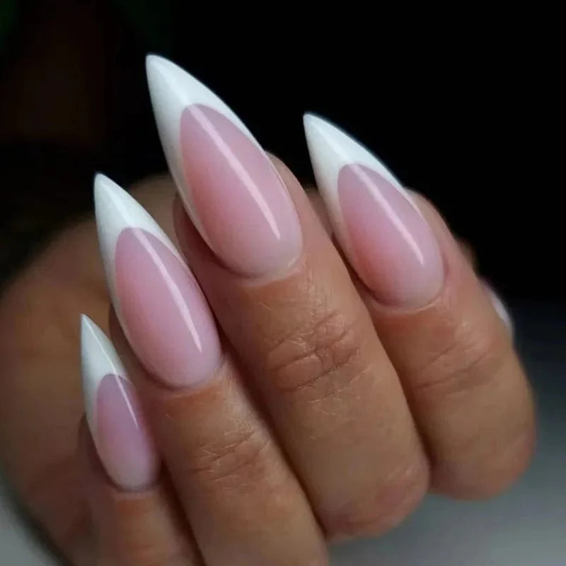 Light green stripe press on nails by HOEPOOK, 24-piece long coffin acrylic tips with gradient design, worn on natural nails.