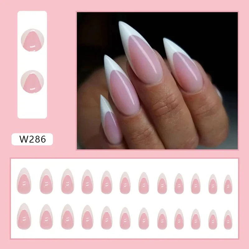 Showlu Purple Floral Almond Press-On Nails, 24-piece acrylic tips with floral design, detachable ballerina-style false nails.
