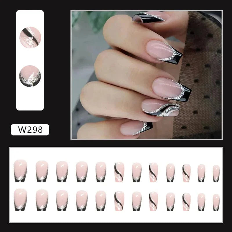 Showlu Purple Floral Almond Press-On Nails, 24-piece set of detachable acrylic tips with floral design for elegant manicures.