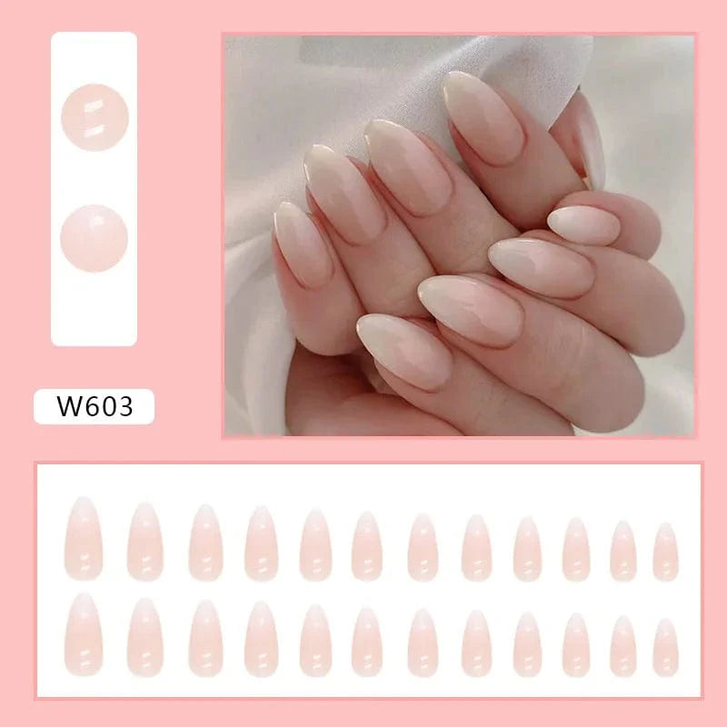 Purple floral almond press-on nails by Showlu Fashion Store, 24-piece set with detachable acrylic tips for a stylish manicure.