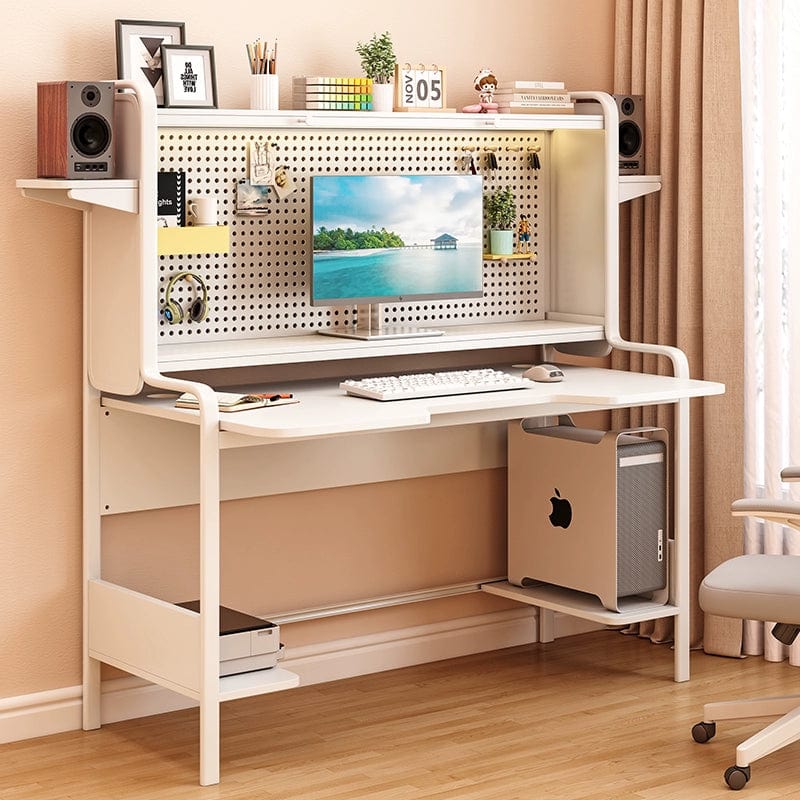 SHOWLU FASHION STORE Warm White + white frame [hole board]](Audio rack with shade) / 120x74x151cm Computer Desktop Desk with Bookshelf Integrated Simple Modern Small Apartment For Home Table Bedroom Storage Study Table