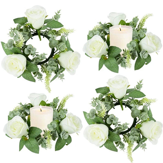  Showlu Fashion Store Wedding Candle Holder Artificial Rose Flower Wreath Leaves Candlestick Rings Wedding Party Centerpiece Table Home Decorations