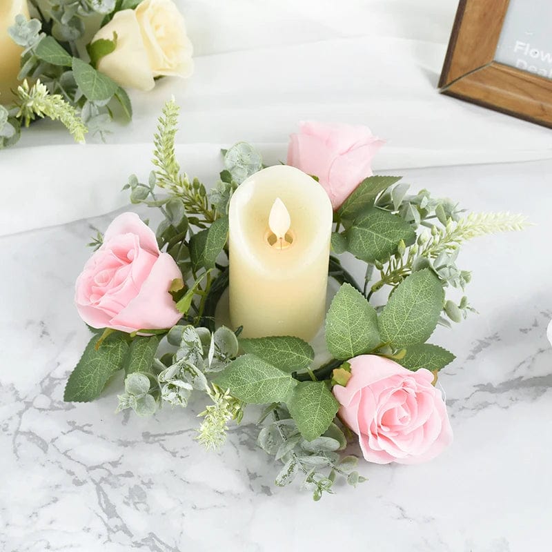  Showlu Fashion Store Wedding Candle Holder Artificial Rose Flower Wreath Leaves Candlestick Rings Wedding Party Centerpiece Table Home Decorations