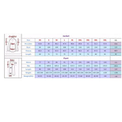 A size chart for a men's two-piece suit showing jacket and pant measurements in centimeters.