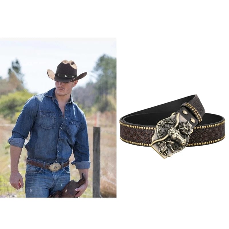  Showlu Fashion Store Western Cowboy PU Leathers Belt Men Waist Strap Vintage Engraved Belt for Jeans