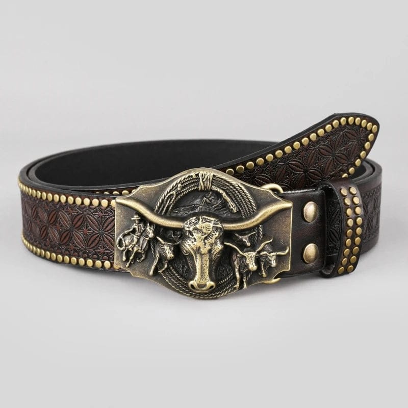  Showlu Fashion Store Western Cowboy PU Leathers Belt Men Waist Strap Vintage Engraved Belt for Jeans