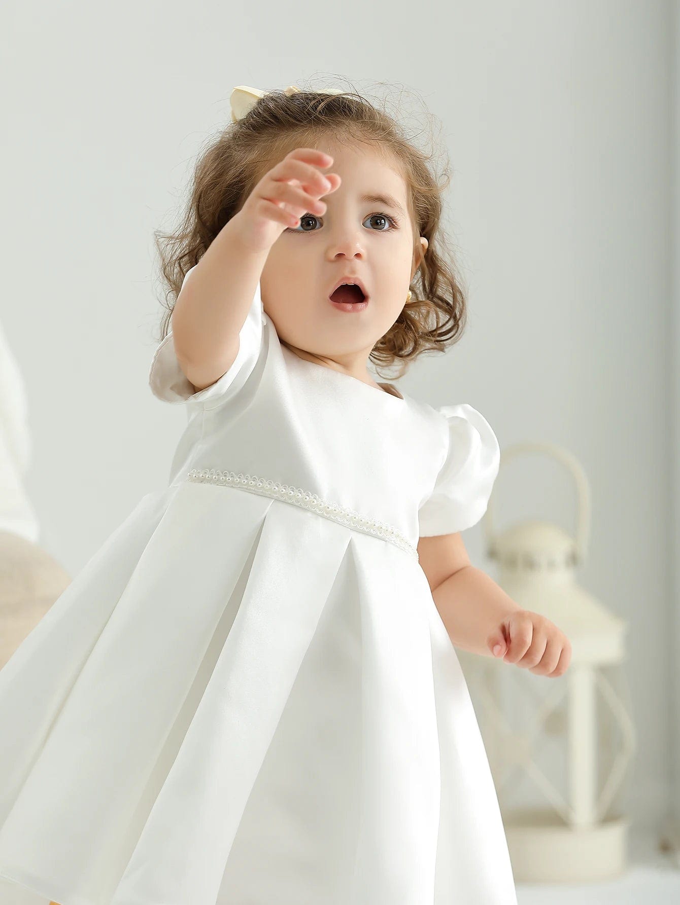 SHOWLU FASHION STORE WHITE / 18-24M Soft Satin Hand Made Pearl Decoration Ruffle Elegant Party Wedding Baptism Baby Dress