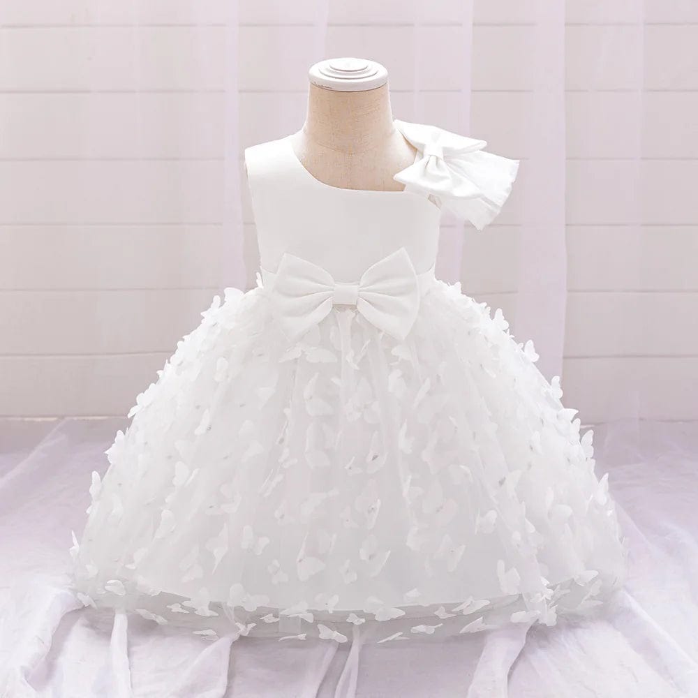 SHOWLU FASHION STORE white / 2-3Y (90) Bow Baby Girls White Baptism Dress Butterfly Tulle Infant Baby 1st Birthday Wedding Gown Flower Girl Tutu Princess Party Dresses