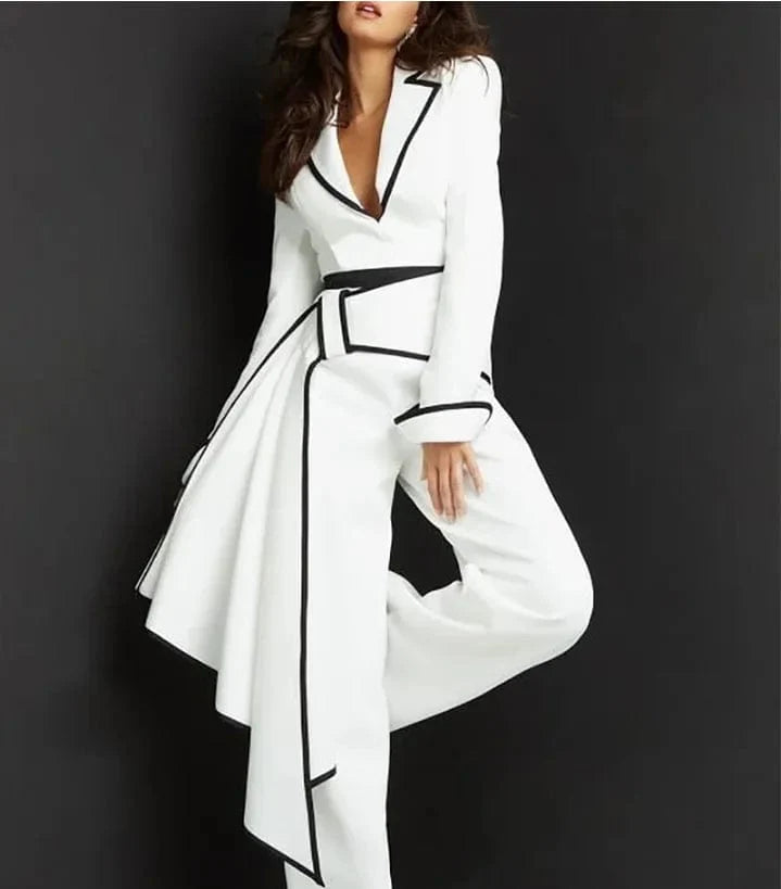 White women's V-neck blazer jumpsuit with belt from SHOWLU FASHION STORE, featuring a sleek design for parties or red carpet events.
