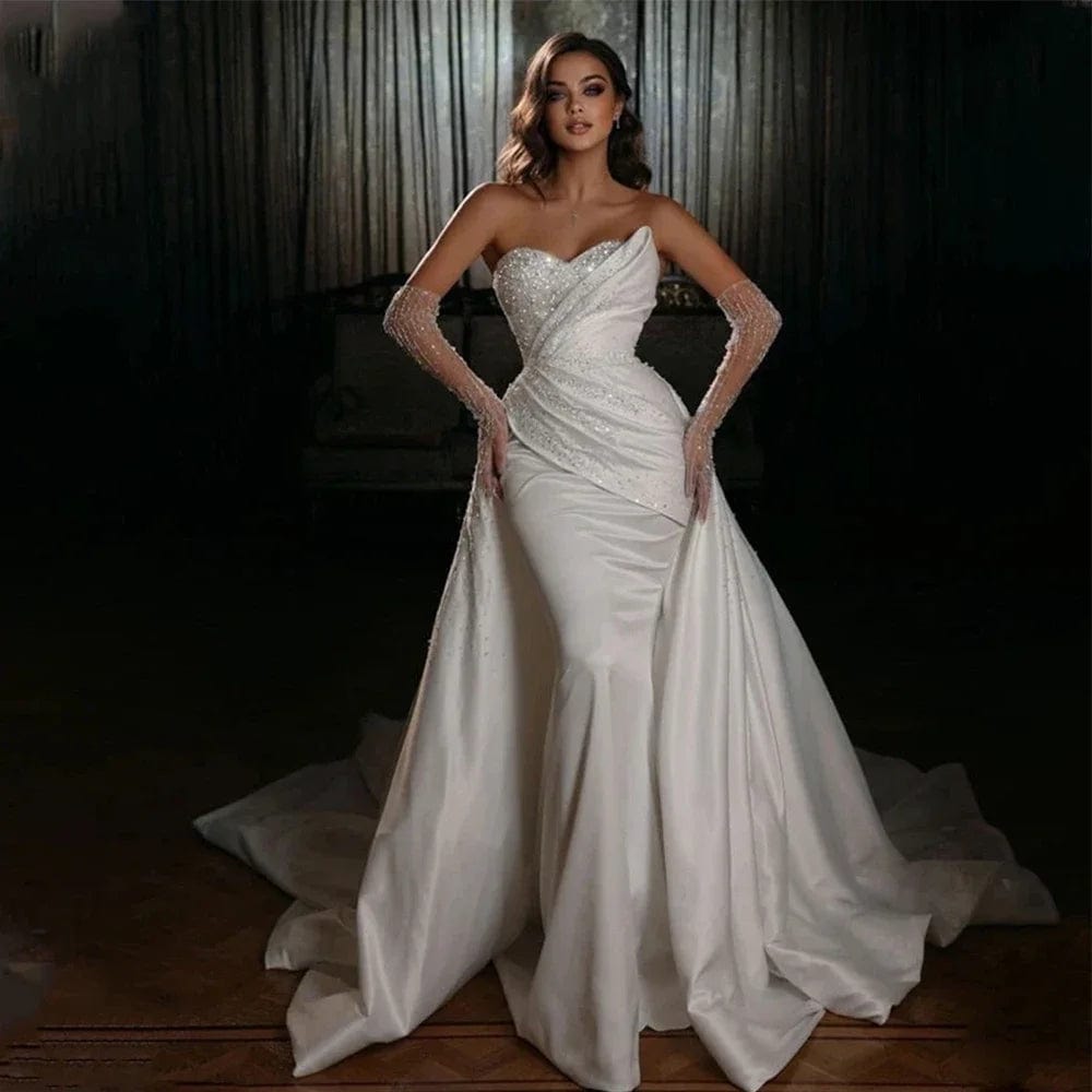 SHOWLU FASHION STORE WHITE / 26W Fashion Strapless Sequined Beads Wedding Dresses White Sleeveless Pleat Mermaid Gowns Elegant Sweep Train Bridal Dresses