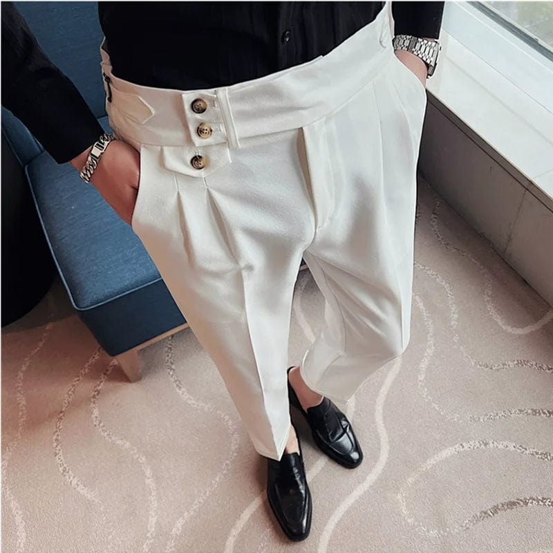 SHOWLU FASHION STORE White / 32 / CHINA Spring Autumn Men High Waist Belt Design Casual Slim Formal Dress Pant Men Social Office Wedding Party Dress Suit Pants