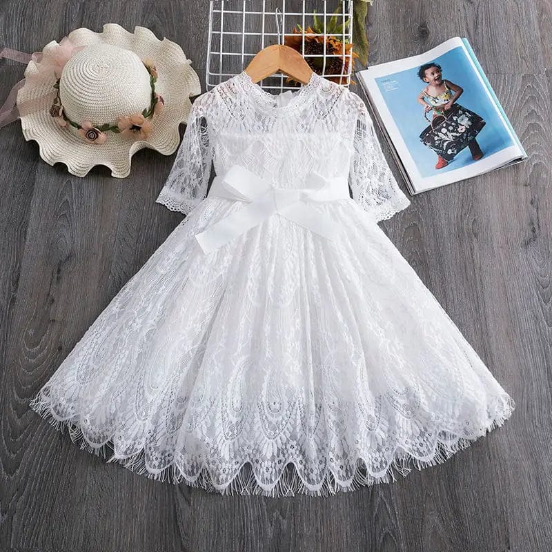  Showlu Fashion Store White / 3T Kids Dresses For Girls Flower Lace Tulle Dress Wedding Little Girl Ceremony Party Birthday Dress Children Autumn Casual Clothing