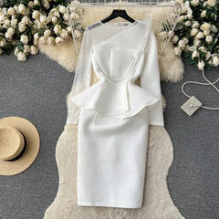 SHOWLU FASHION STORE WHITE / 4XL Elegant Sexy High Waist Rhine Stone Patchwork Ruffle Long Sleeve Dress Fairy Slim Women Party Hip Wrap Dress