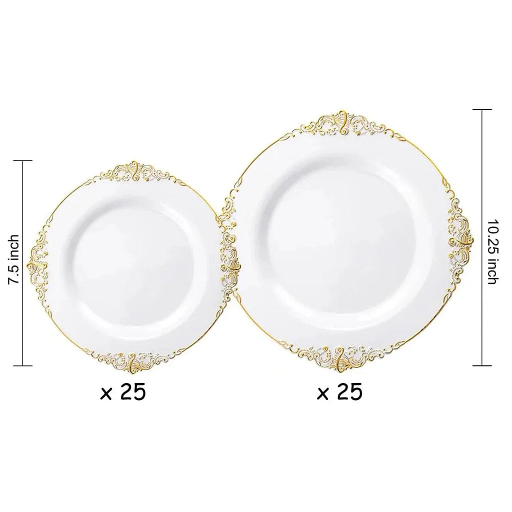 Gold-plated embossed PS plastic tableware set with 50 plates, knives, forks, and spoons for parties, by Showlu Fashion Store