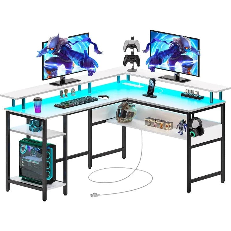 SHOWLU FASHION STORE White-56.7 inch / United States Computer Desk L Shaped 56.7" with LED Lights and Power Outlets, Reversible L Shaped Gaming Desk with Monitor Stand