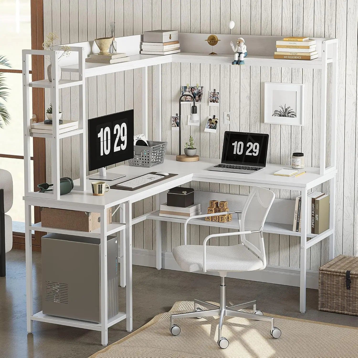 SHOWLU FASHION STORE White 60in / United States CubiCubi L Shaped Gaming Desk with Hutch, 60" Corner Computer Desk with Storage Shelves, Large Home Office Desk with Bookshelf,