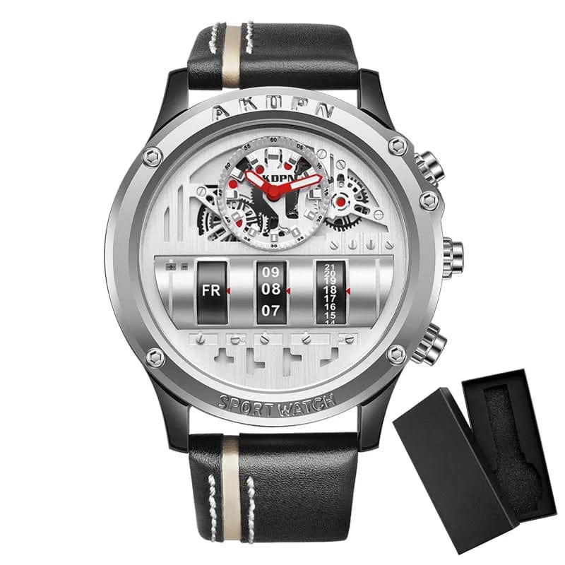 Showlu Fashion Store white and box Business Casual watch for men Creative Men WristWatch Unique Rotate Date Leather Strap Quartz Watch Male Military Sport Clock