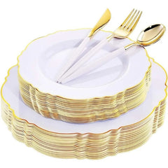 Showlu Fashion Store White And Gold / United States / 30Guest 30Guest Green Plastic Plates - Gold Plastic Silverware With Green Handle - Christmas Plates Disposable - Baroque Green