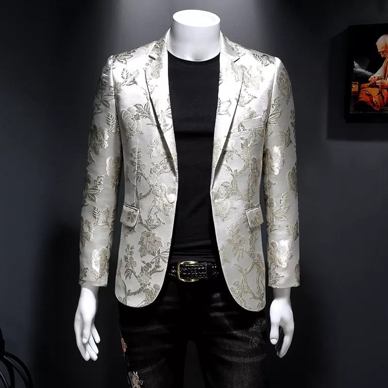  Showlu Fashion Store White / Asia M 45-53KG / CHINA New Vintage Luxury Jacquard Blazers Men 2022 New Flower Slim Fit Blazer Jacket Hommes Wedding Club Party Dress Singers Costumes