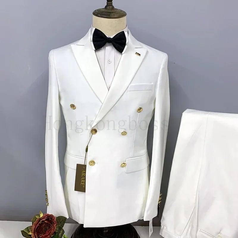 SHOWLU FASHION STORE White / Asian 5XL is US 2XL 2 Pcs Suit Set Blazers Jacket Pants / Fashion Men Casual Business Pure Color Double Breasted Groom Wedding Formal Dress Suit