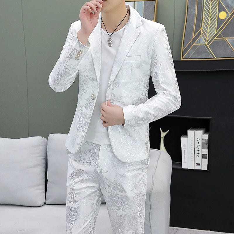 SHOWLU FASHION STORE WHITE / Asian L 52-58KG Men's Suit Set Shiny Gold and Silver 2-piece Set Korean Fashion Host Wedding Set Suit Jacket+pants Men's Hot Stamping Clothing