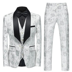 SHOWLU FASHION STORE WHITE / Asian M is Eur XS (Jacket+Vest+Pant) Men Business Casual Slim Fit Suits 3 Pieces Sets Fashion Flower Printed Tuxedo Wedding Formal Dress Blazers