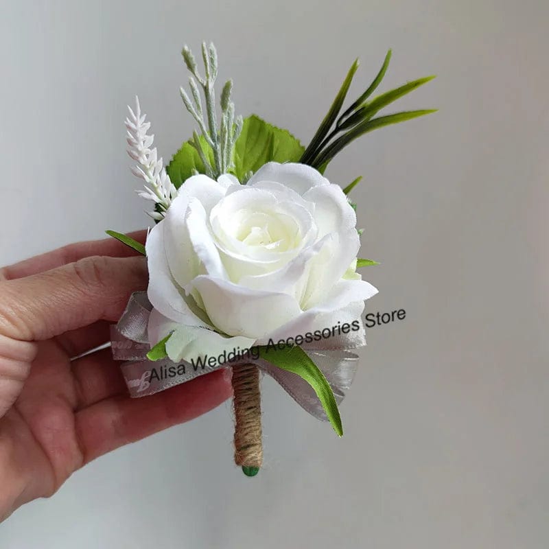  Showlu Fashion Store White Boutonniere Wedding Corsage Flowers Artificial Red Rose Bracelet for Bridesmaid Men Buttonhole Guests Marriage Accessories