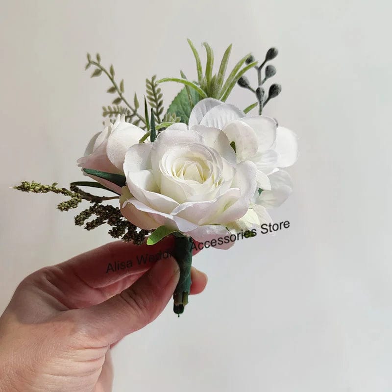  Showlu Fashion Store White Boutonniere Wedding Corsage Flowers Artificial Red Rose Bracelet for Bridesmaid Men Buttonhole Guests Marriage Accessories